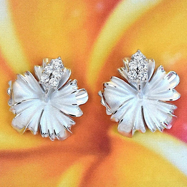 Superbe boucle d'oreille hibiscus hawaïenne de grande taille, fleur officielle de l'État d'Hawaï, boucle d'oreille à tige en argent sterling hibiscus CZ, cadeau d'anniversaire pour maman E4158