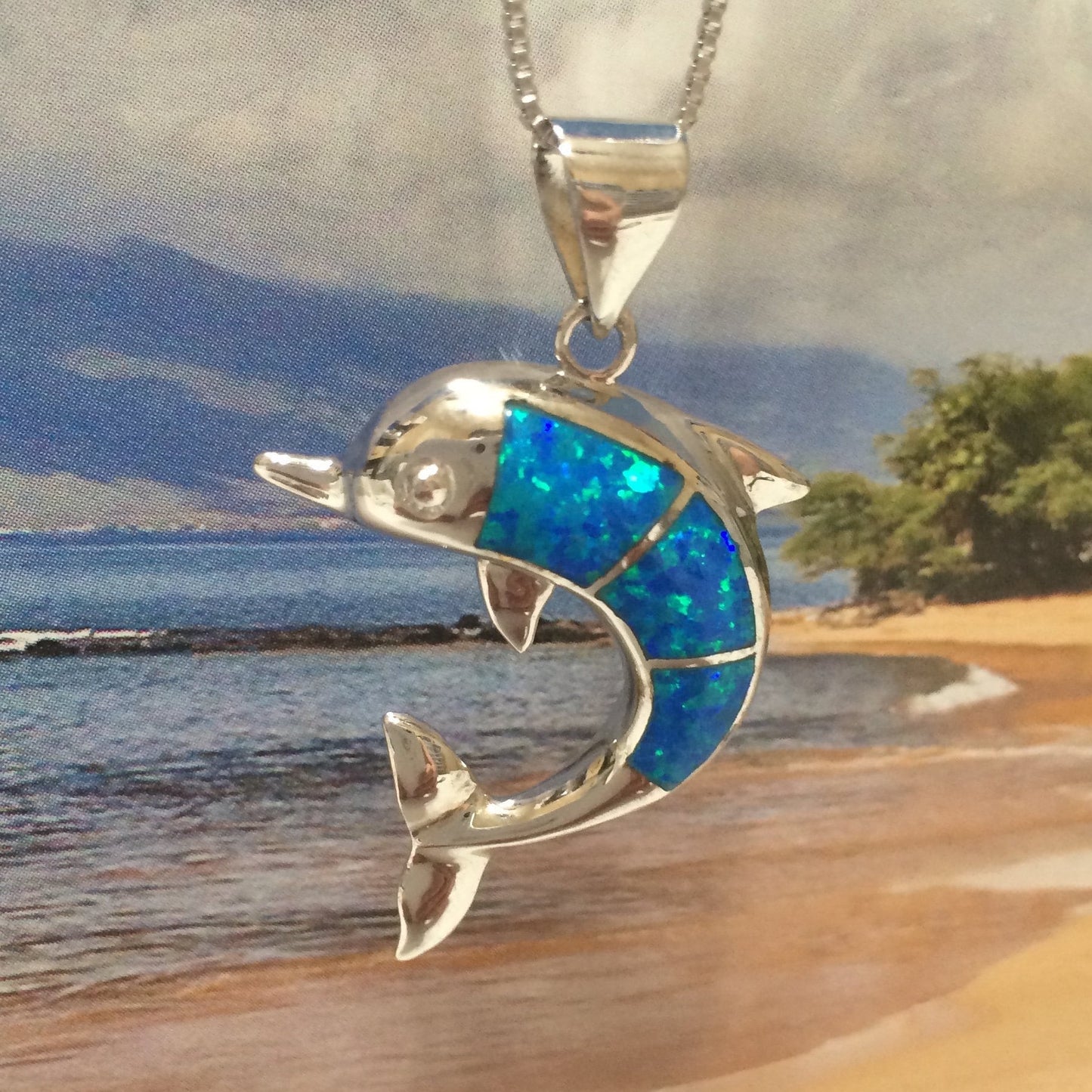 Gorgeous Hawaiian Large Blue Opal Dolphin Necklace, Sterling Silver Blue Opal Dolphin Pendant, N6030 Birthday Mother Mom Gift