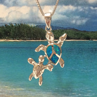 Magnifique collier et boucles d'oreilles tortue de mer hawaïenne maman et bébé, pendentif tortue en argent sterling opale bleue N6157S Cadeau d'anniversaire pour maman