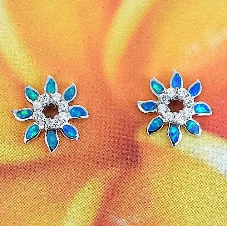 Unique Beautiful Hawaiian Blue Opal Sun Earring, Sterling Silver Blue Opal Sun CZ Stud Earring E4162 Mother Birthday Anniversary Mom Gift