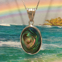 Beautiful Hawaiian Genuine Paua Shell Necklace, Sterling Silver Abalone MOP Oval-Shape Pendant N8029 Birthday Mom Mother Gift