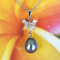 Unique Hawaiian Genuine Black Pearl Butterfly Necklace, Sterling Silver Black Pearl Butterfly CZ Pendant, N2528 Birthday Mom Mother Gift