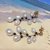 Unique Hawaiian Large Genuine White Pearl Earring, 14KT Solid Yellow-Gold White Pearl Black Coral Dangle Earring, E5568 Statement PC