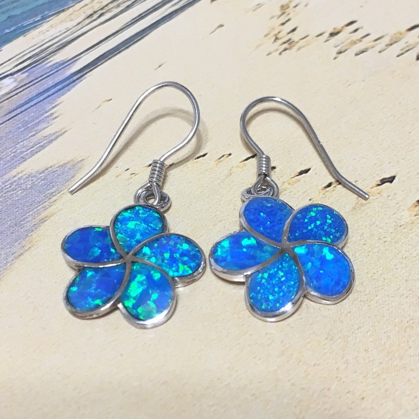 Gorgeous Hawaiian Large Blue Opal Plumeria Earring, Sterling Silver Blue Opal Plumeria Flower Dangle Earring, E9383 Mother Birthday Gift