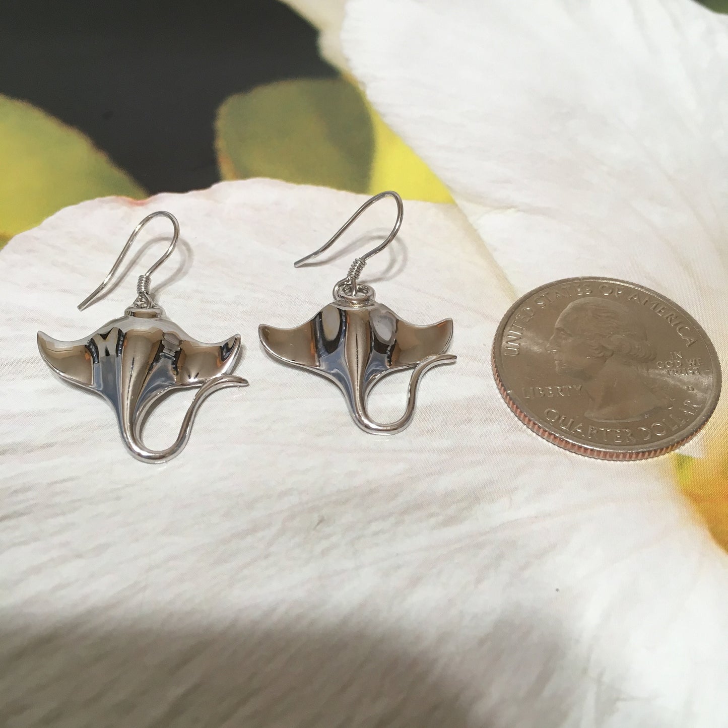 Unique Hawaiian Large Manta Ray Earring, Sterling Silver Manta Ray Dangle Earring, E9389 Birthday Wife Mom Mother Gift, Island Jewelry