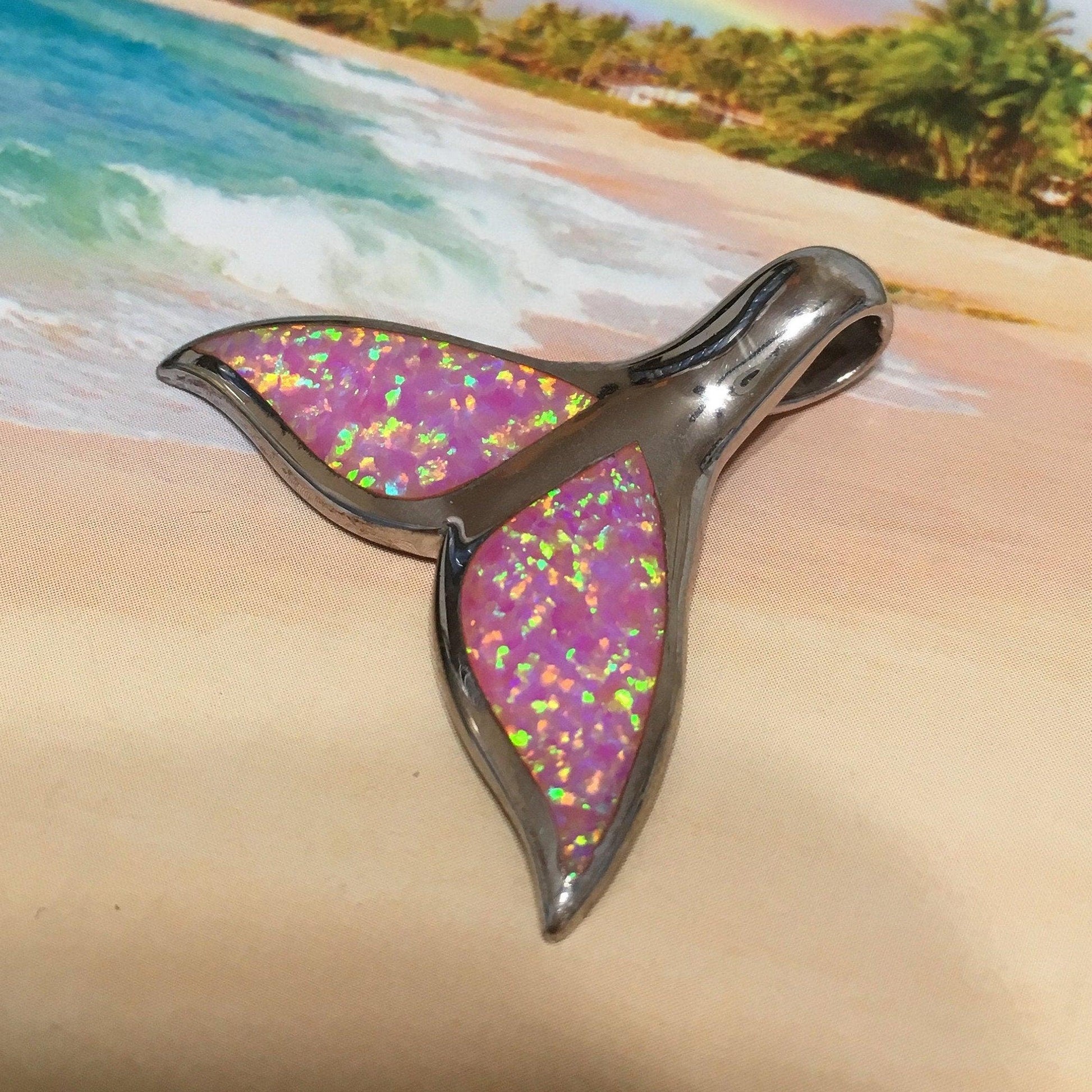 Gorgeous Unique Hawaiian Large Pink Opal Whale Tail Necklace, Sterling Silver Pink Opal Whale Tail Pendant, N2688 Birthday Mom Gift - Hawaii Treasures Shop