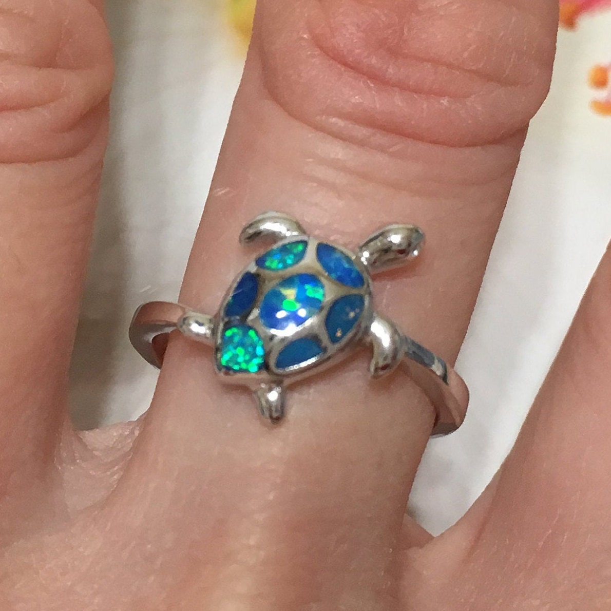 Gorgeous Hawaiian Opal Sea Turtle Ring, Sterling Silver Blue Opal Turtle Ring, R1044 Birthday Mom Wife Mother Gift, Island Jewelry