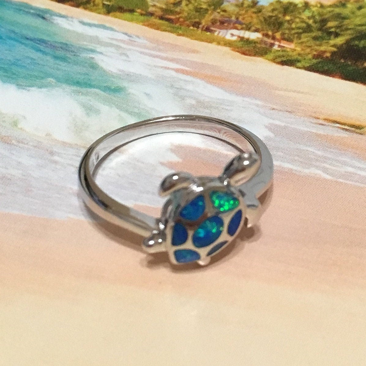 Gorgeous Hawaiian Opal Sea Turtle Ring, Sterling Silver Blue Opal Turtle Ring, R1044 Birthday Mom Wife Mother Gift, Island Jewelry