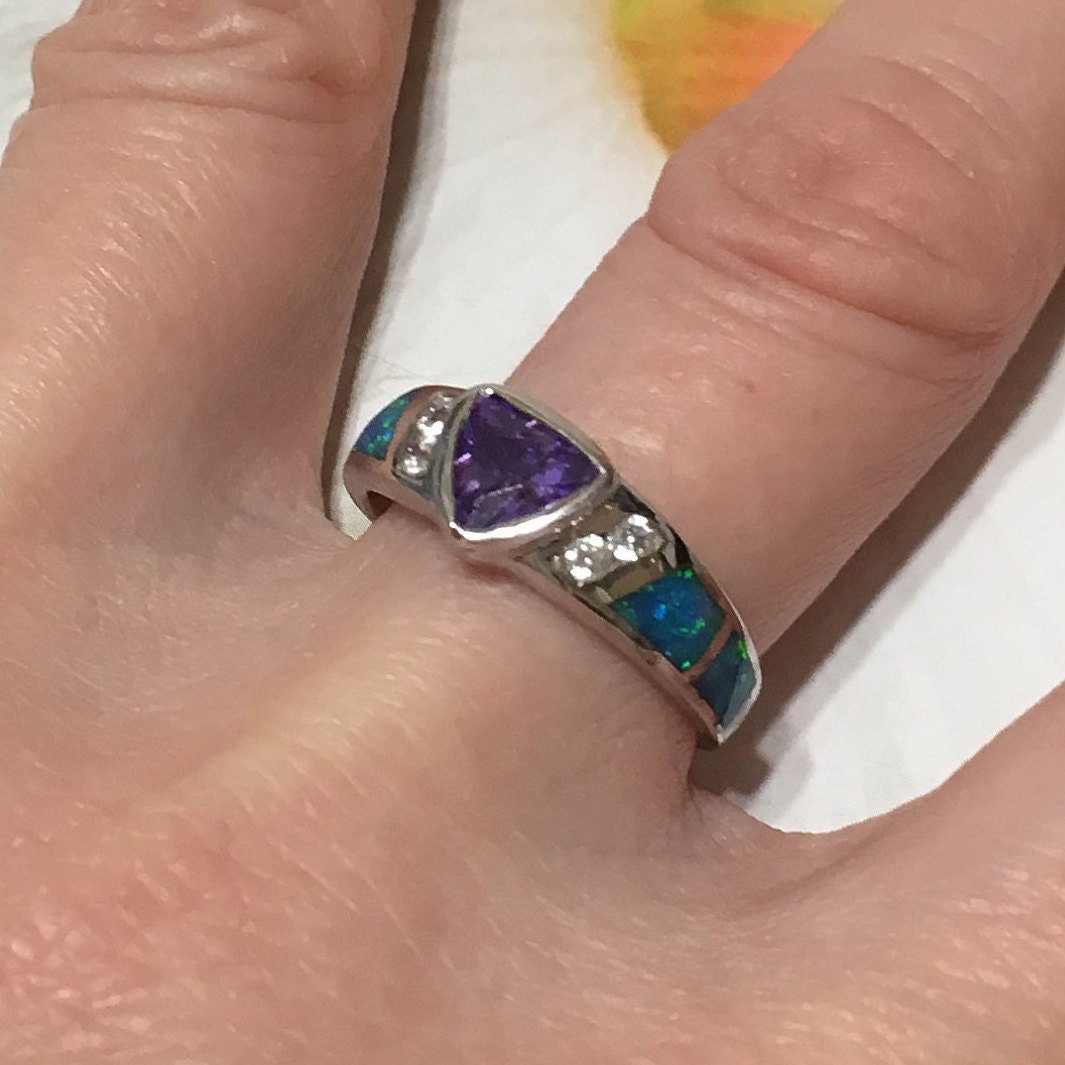 Beautiful Hawaiian Amethyst Blue Opal Ring, Sterling Silver Blue Opal Amethyst CZ Ring, R1011 Birthday Mom Mother Gift