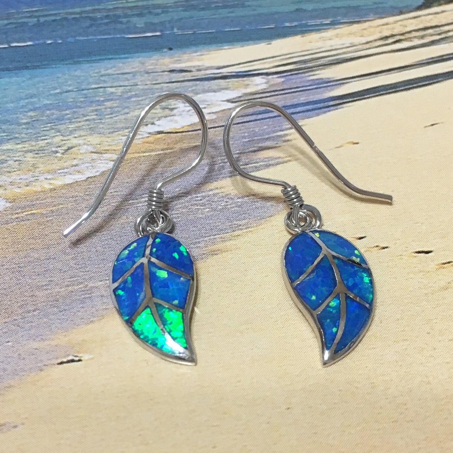 Unique Hawaiian Blue Opal Maile Leaf Earring, Sterling Silver Blue Opal Maile Leaf Dangle Earring, E4199 Birthday Mom Wife Mother Gift