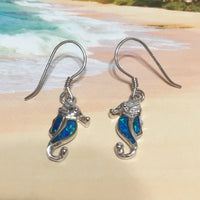 Boucles d'oreilles uniques en forme d'hippocampe en opale bleue hawaïenne, boucles d'oreilles pendantes en argent sterling avec opale bleue et hippocampe E4152A, cadeau d'anniversaire pour maman