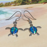 Superbe boucle d'oreille en forme de tortue de mer hawaïenne de grande taille avec opale bleue, boucle d'oreille pendante en argent sterling avec opale bleue, cadeau d'anniversaire pour femme et maman E4150A