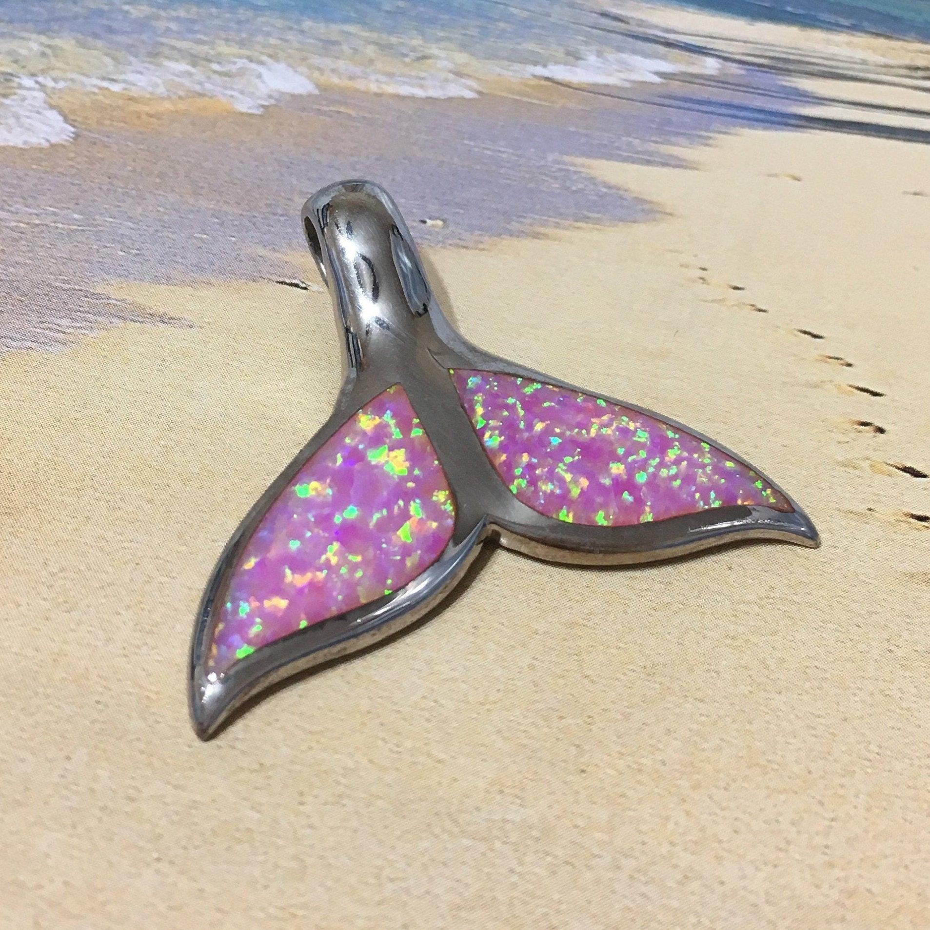 Gorgeous Unique Hawaiian Large Pink Opal Whale Tail Necklace, Sterling Silver Pink Opal Whale Tail Pendant, N2688 Birthday Mom Gift - Hawaii Treasures Shop