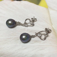 Unique Hawaiian Genuine Black Pearl Earring, Sterling Silver Black Pearl Heart CZ Post Dangle Earring, E4335 Birthday Mom Mother Gift