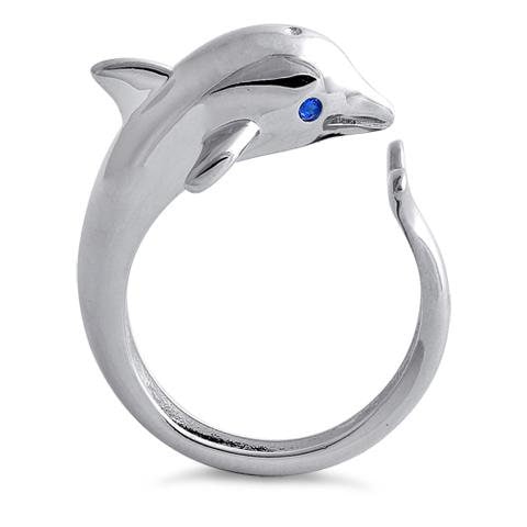 Unique Beautiful Large Hawaiian Dolphin Ring, Sterling Silver Dolphin Blue CZ Eye Ring, R2356 Statement PC, Birthday Mom Mother Gift