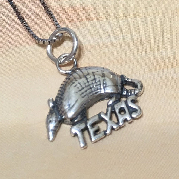 Unique Texan Armadillo Necklace, Sterling Silver Armadillo Charm Pendant, High Polish & Oxidized Finish N8052 Birthday Mom Mother Gift