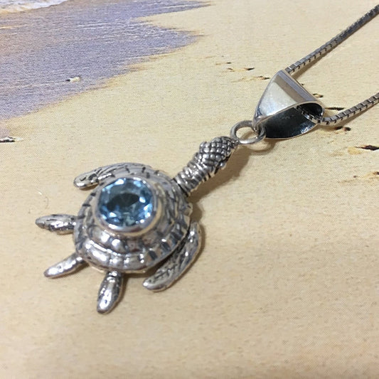 Collier unique en forme de tortue de mer en topaze bleue 3D hawaïenne authentique, pendentif en argent sterling avec patte mobile en forme de tortue N8056, cadeau pour mère