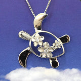 Unique Mother Daughter Matching Hawaiian Sea Turtle Necklace, Sterling Silver Turtle Plumeria CZ Pendant, N7022 Big Little Sister