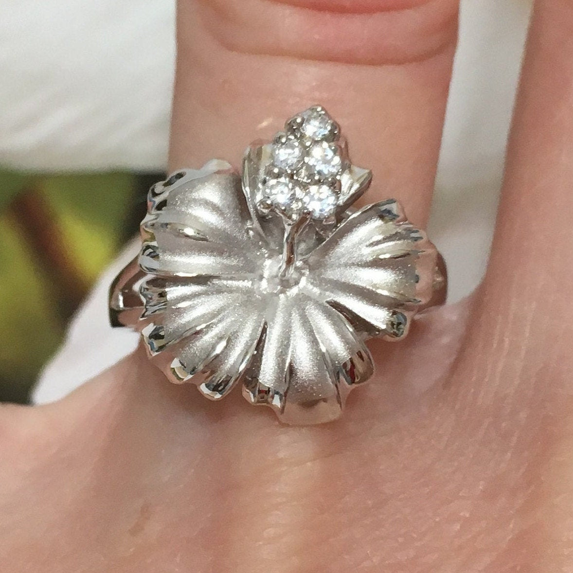 Beautiful Hawaiian Large Hibiscus Ring, Official Hawaii State Flower, Sterling Silver Hibiscus CZ Ring, R1053 Birthday Mom Mother Gift