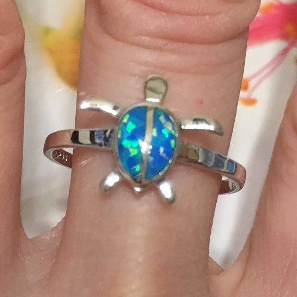 Unique Beautiful Hawaiian Blue Opal Sea Turtle Ring, Sterling Silver Blue Opal Sea Turtle Ring, R1004 Birthday Mom Mother Gift