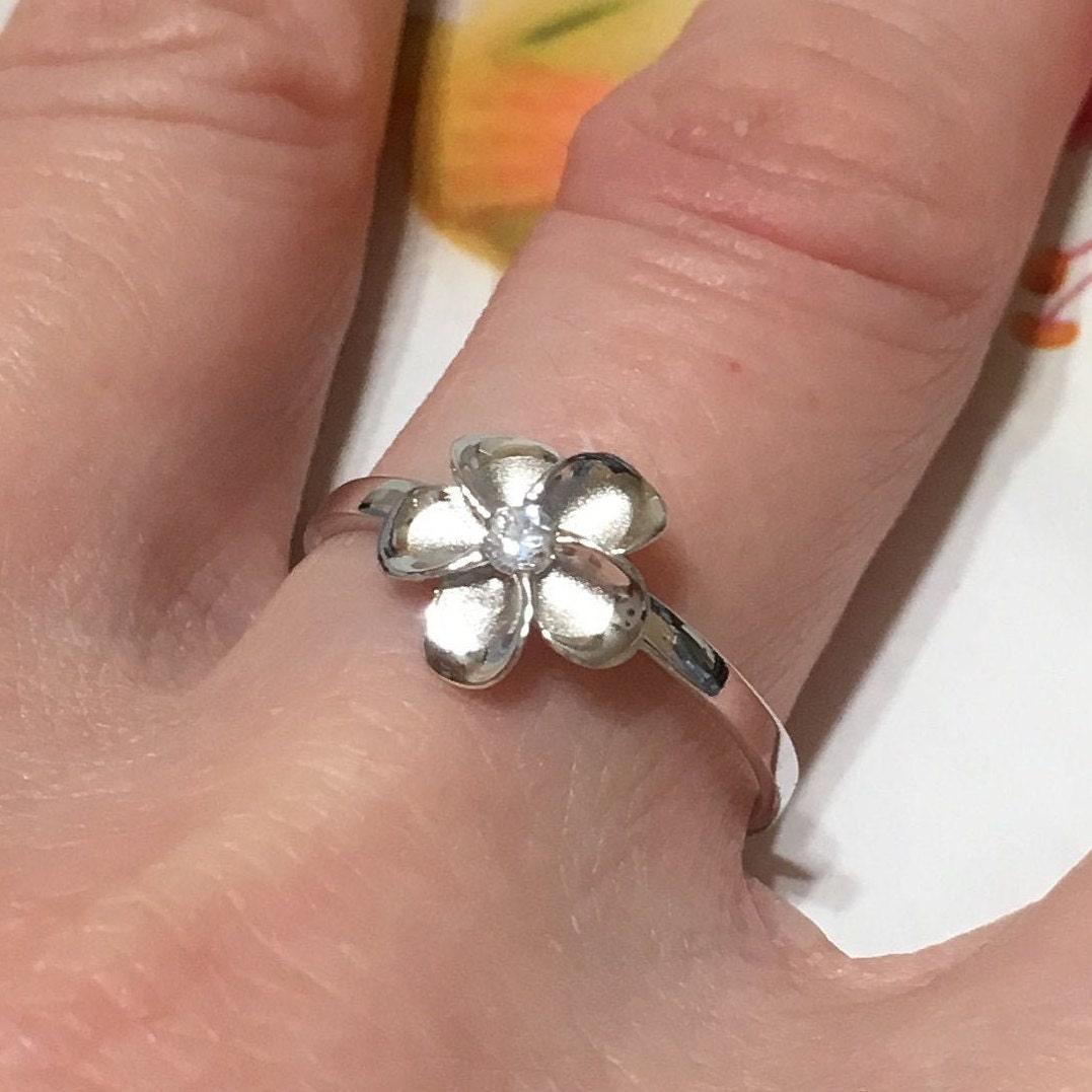 Pretty Hawaiian Plumeria Ring, Sterling Silver Plumeria Flower CZ Ring, R1038 Birthday Wife Mom Girl Mother Gift, Island Jewelry - Hawaii Treasures Shop