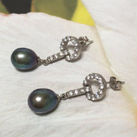 Unique Beautiful Hawaiian Genuine Black Pearl Earring, Sterling Silver Black Pearl CZ Post Dangle Earring E4337 Birthday Gift, Statement PC