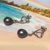 Unique Hawaiian Genuine Black Pearl Earring, Sterling Silver Black Pearl Heart CZ Post Dangle Earring, E4335 Birthday Mom Mother Gift