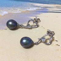 Unique Hawaiian Genuine Black Pearl Earring, Sterling Silver Black Pearl Heart CZ Post Dangle Earring, E4335 Birthday Mom Mother Gift