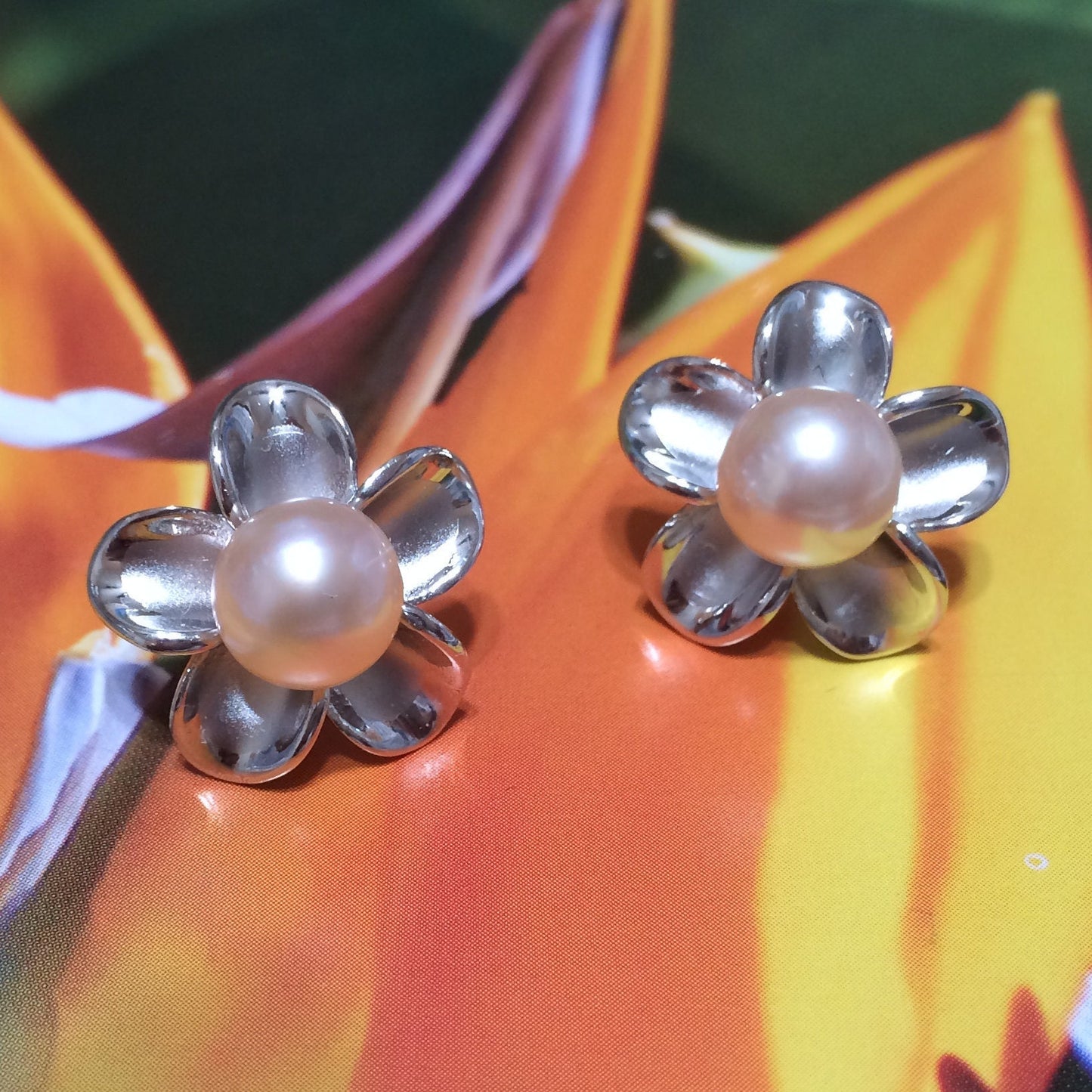 Gorgeous Hawaiian Large Genuine Pink Pearl Plumeria Earring, Sterling Silver Plumeria Stud Earring, E9255 Birthday Mom Gift, Statement PC