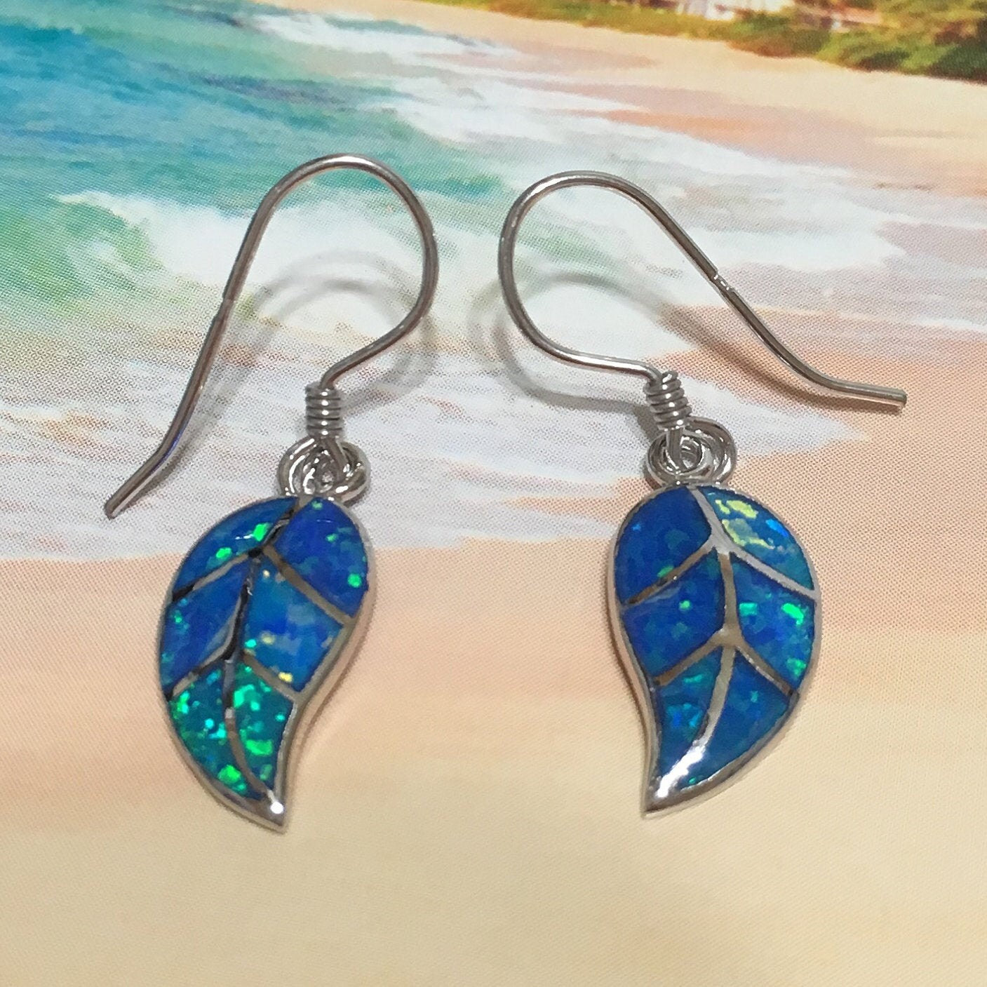 Unique Hawaiian Blue Opal Maile Leaf Earring, Sterling Silver Blue Opal Maile Leaf Dangle Earring, E4199 Birthday Mom Wife Mother Gift