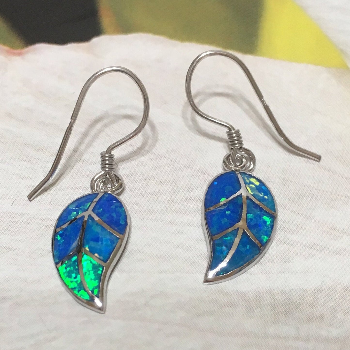 Unique Hawaiian Blue Opal Maile Leaf Earring, Sterling Silver Blue Opal Maile Leaf Dangle Earring, E4199 Birthday Mom Wife Mother Gift