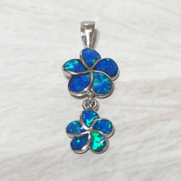 Magnifique collier hawaïen à 2 opales bleues Plumeria, mère et fille, pendentif en argent sterling avec fleur de Plumeria opale, cadeau d'anniversaire pour maman N2089