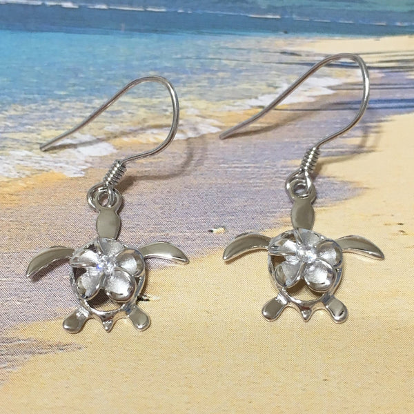 Unique Beautiful Hawaiian Plumeria Sea Turtle Earring, Sterling Silver Plumeria CZ Turtle Dangle Earring, E4104A Birthday Mom Mother Gift