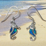 Boucles d'oreilles uniques en forme d'hippocampe en opale bleue hawaïenne, boucles d'oreilles pendantes en argent sterling avec opale bleue et hippocampe E4152A, cadeau d'anniversaire pour maman