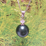 Unique Beautiful Hawaiian Black Shell Pearl Necklace, Sterling Silver Black Shell Pearl CZ Pendant, N2914 Birthday Mom Wife Mother Gift