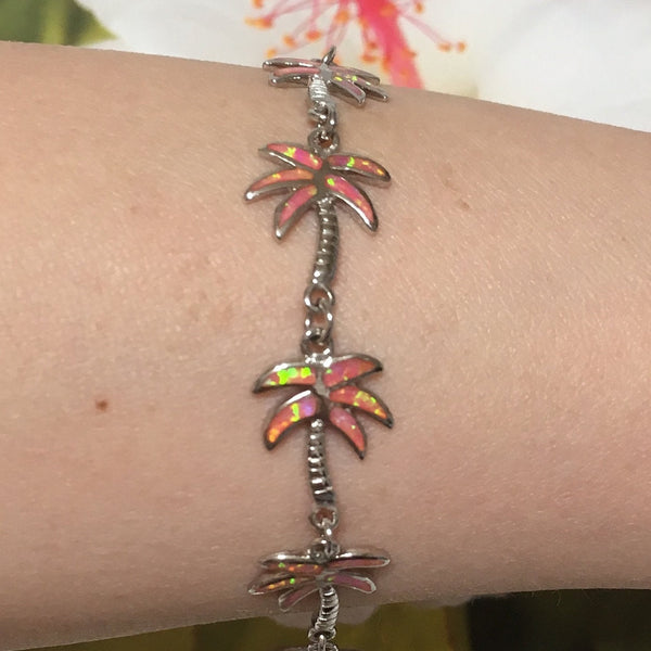 Gorgeous Hawaiian Large Pink Opal Palm Tree Bracelet, Sterling Silver Pink Opal Palm Tree Bracelet, B3114 Birthday Mom Gift, Statement PC