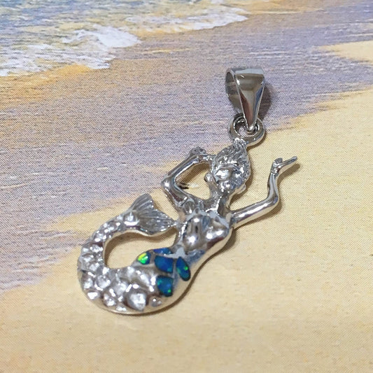 Collier de sirène hawaïen unique en opale bleue, pendentif de sirène en argent sterling en opale bleue, cadeau d'anniversaire pour maman N2135, bijoux des îles