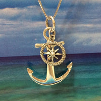 Unique Hawaiian Anchor & Helm Necklace, Sterling Silver Anchor Charm Pendant, High Polish Oxidized Finish, N2739 Birthday Mother Gift