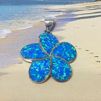 Gorgeous Hawaiian X-Large Blue Opal Plumeria Necklace, Sterling Silver Blue Opal Plumeria Pendant, N6041 Birthday Mom Wife Mother Gift