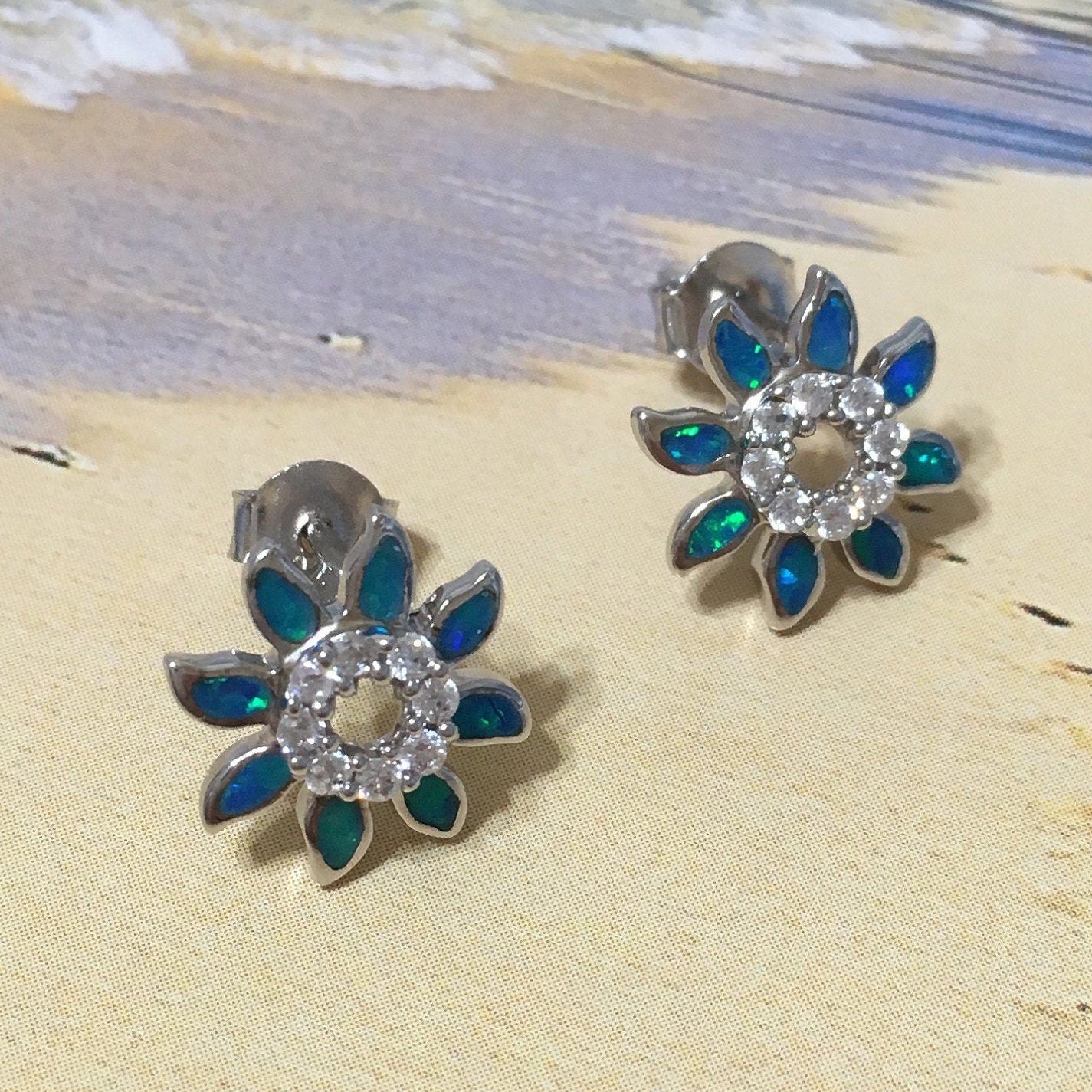 Unique Beautiful Hawaiian Blue Opal Sun Earring, Sterling Silver Blue Opal Sun CZ Stud Earring E4162 Mother Birthday Anniversary Mom Gift