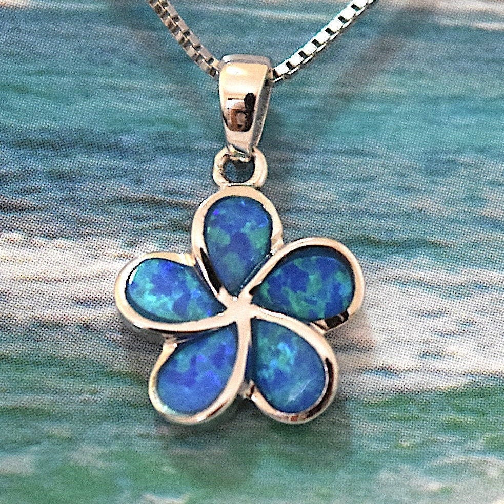 Mother Daughter Hawaiian Blue Opal Plumeria Necklace, Sterling Silver Blue Opal Plumeria Pendant, N7016 Big Little Sister  Matching Necklace