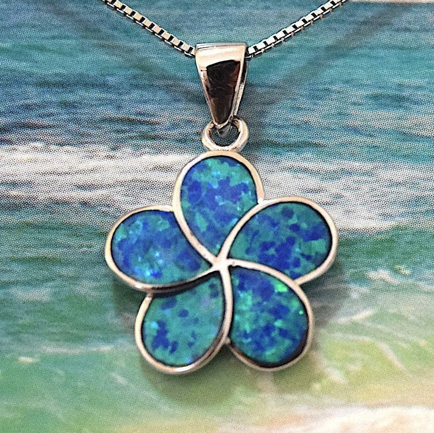 Mother Daughter Hawaiian Blue Opal Plumeria Necklace, Sterling Silver Blue Opal Plumeria Pendant, N7016 Big Little Sister  Matching Necklace