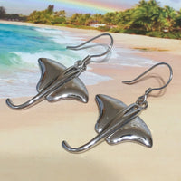 Boucles d'oreilles uniques en forme de raie pastenague hawaïenne de très grande taille, boucles d'oreilles pendantes en argent sterling, cadeau d'anniversaire pour femme, maman, mère, bijoux des îles, E4153A