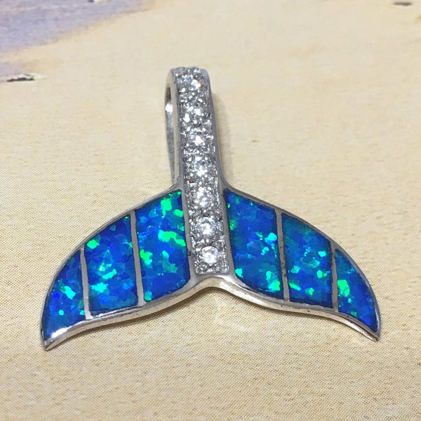 Unique Hawaiian Blue Opal Whale Tail Necklace, Sterling Silver Blue Opal Whale Tail CZ Pendant, N2187 Birthday Mom Wife Mother Gift