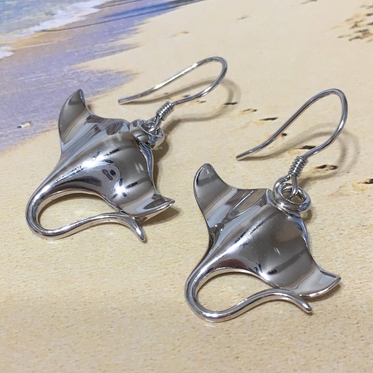 Unique Hawaiian Large Manta Ray Earring, Sterling Silver Manta Ray Dangle Earring, E9389 Birthday Wife Mom Mother Gift, Island Jewelry