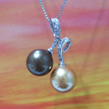 Unique Gorgeous Hawaiian Black & Gold Shell Pearl Necklace, Sterling Silver 2 Shell Pearl CZ Pendant N2932 Birthday Mom Wife Mother Gift