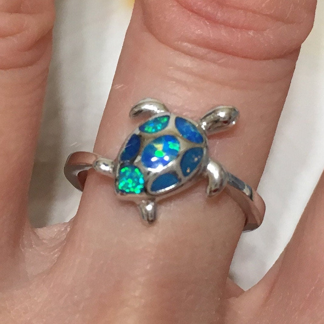 Gorgeous Hawaiian Opal Sea Turtle Ring, Sterling Silver Blue Opal Turtle Ring, R1044 Birthday Mom Wife Mother Gift, Island Jewelry