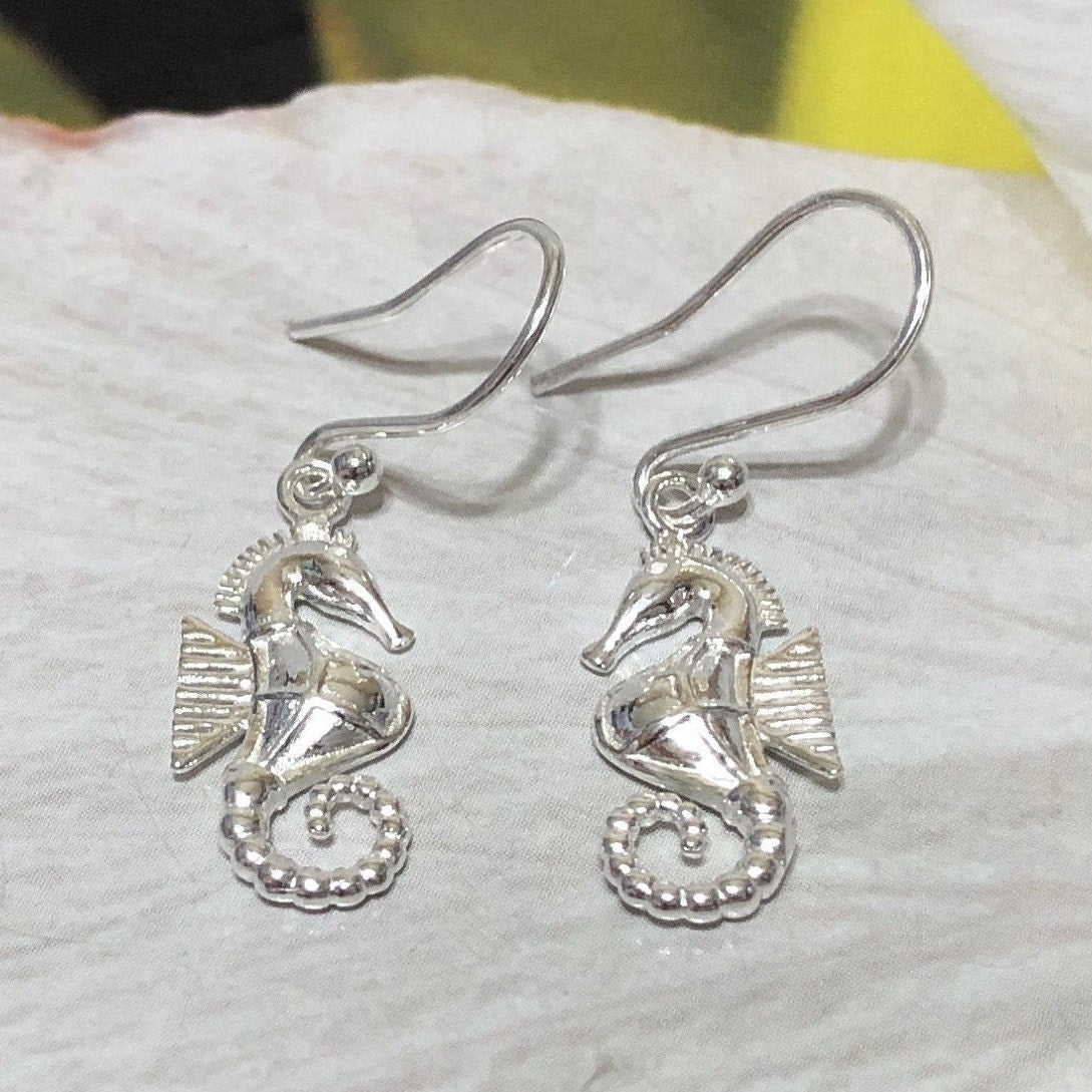 Unique Hawaiian Seahorse Earring, Sterling Silver Sea Horse Dangle Earring, E8136 Birthday Wife Mom Mother Gift, Island Jewelry