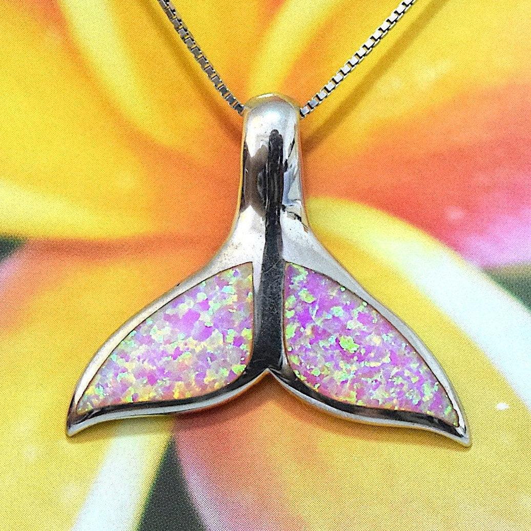 Gorgeous Unique Hawaiian Large Pink Opal Whale Tail Necklace, Sterling Silver Pink Opal Whale Tail Pendant, N2688 Birthday Mom Gift - Hawaii Treasures Shop