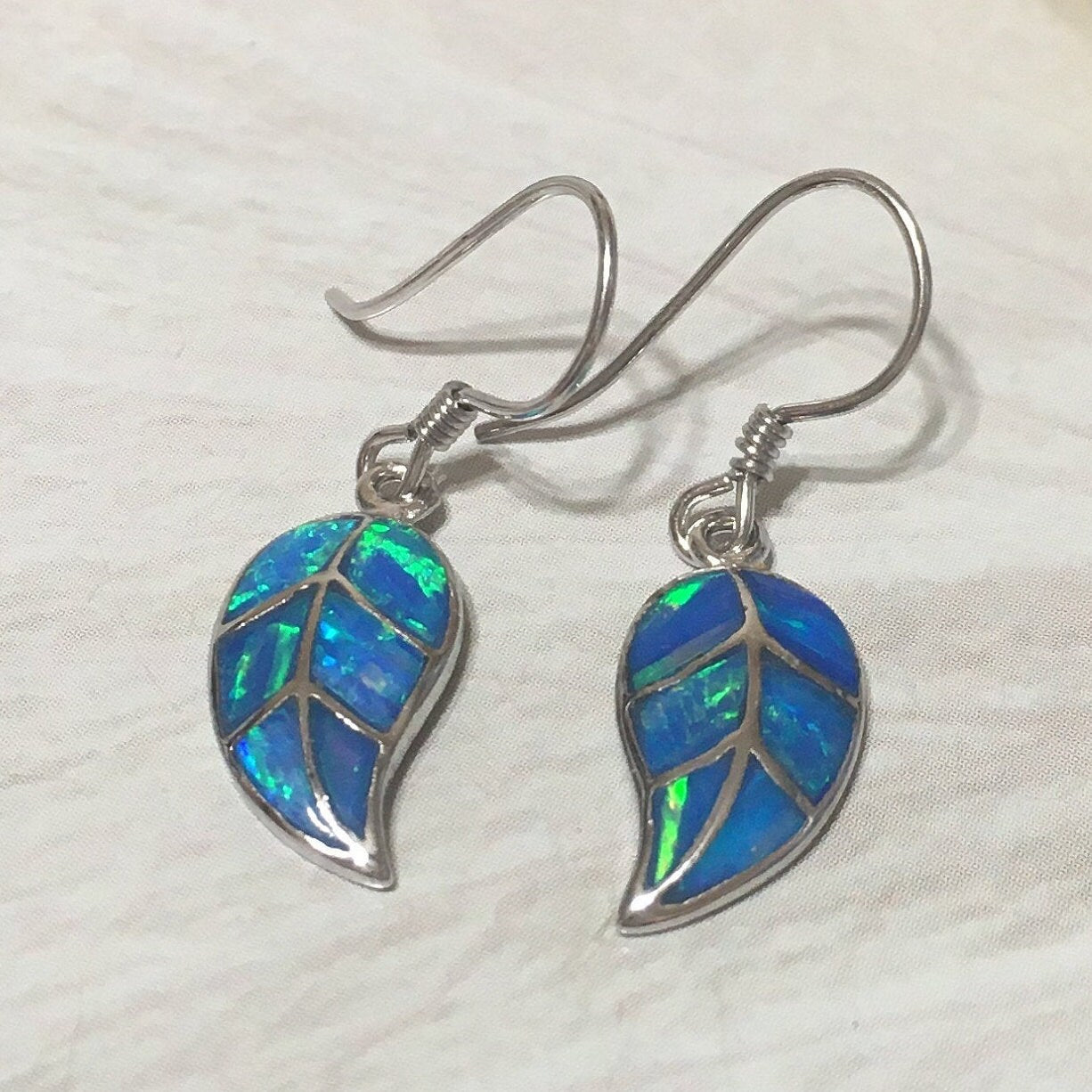 Unique Hawaiian Blue Opal Maile Leaf Earring, Sterling Silver Blue Opal Maile Leaf Dangle Earring, E4199 Birthday Mom Wife Mother Gift